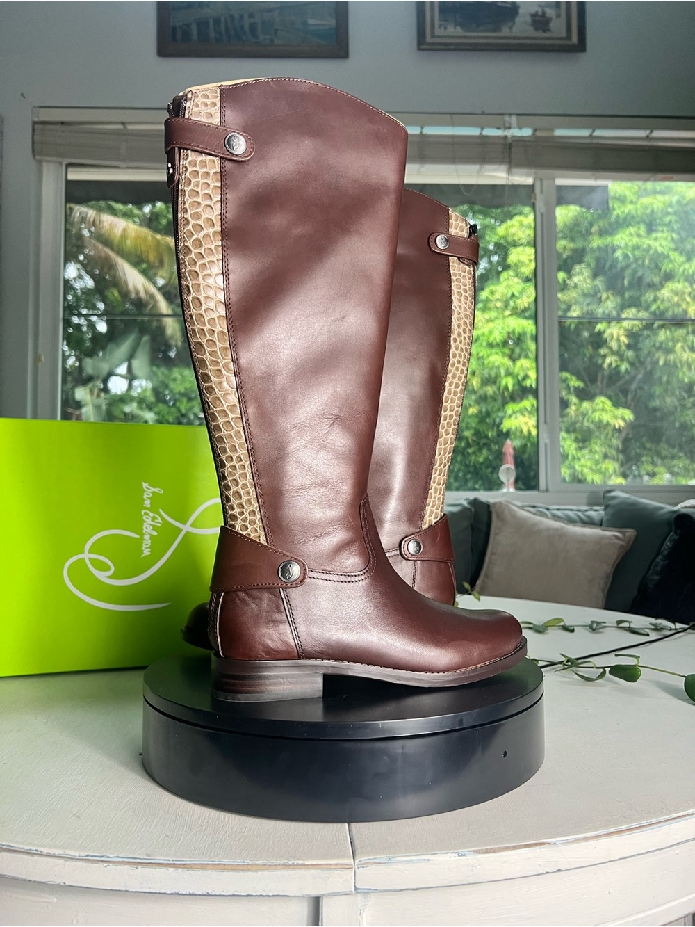 Sam Edelman Brown Leather Knee-High Boots with Beige Croc-Embossed Panels